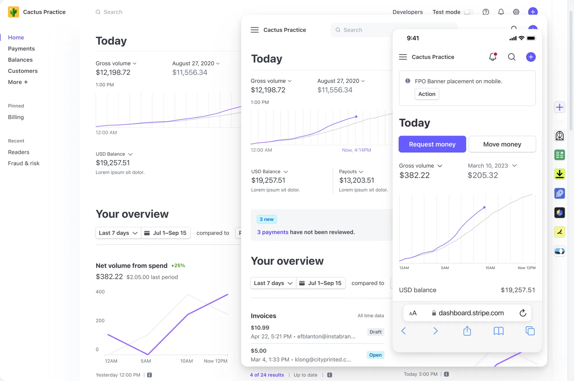 Voorbeeld van een webshop-dashboard op desktop en mobiel met omzet, saldo en openstaande facturen