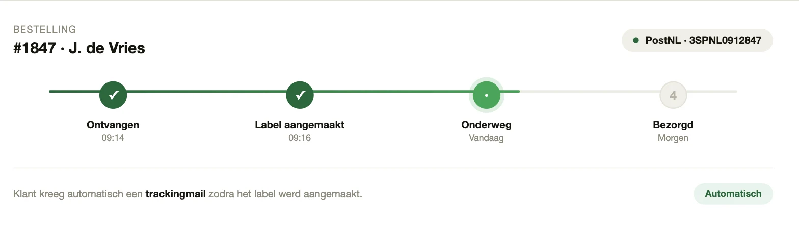 Voorbeeld van een bestelstatus-tracker met verzendlabel en trackingmail